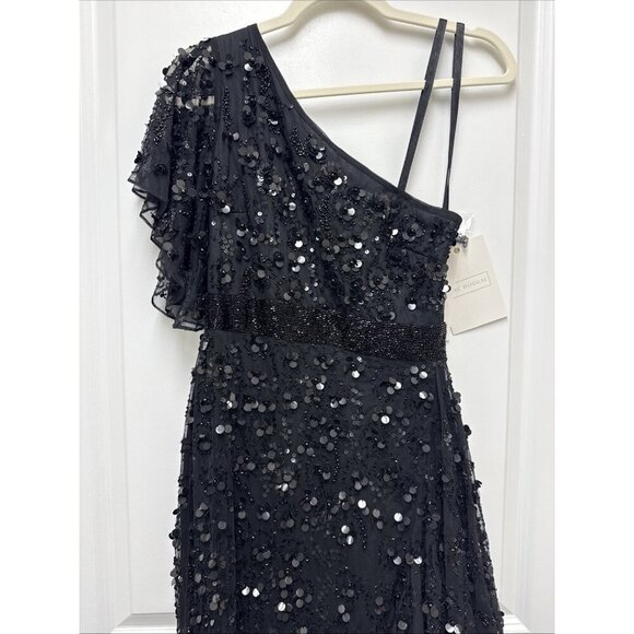 Mac Duggal Size 4 Black 93687 One Shoulder Beaded Asymmetrical Hem Gown Dress - Picture 5 of 12